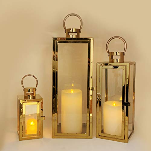 Image of Allgala 3-PC Lantern Set 23 Inch Jumbo Deluxe Modern Indoor /Outdoor Candle Lantern Set Stainless Steel Frame Tempered Glass Rectangular Gold Color for Garden Poolside Fireplace Wedding