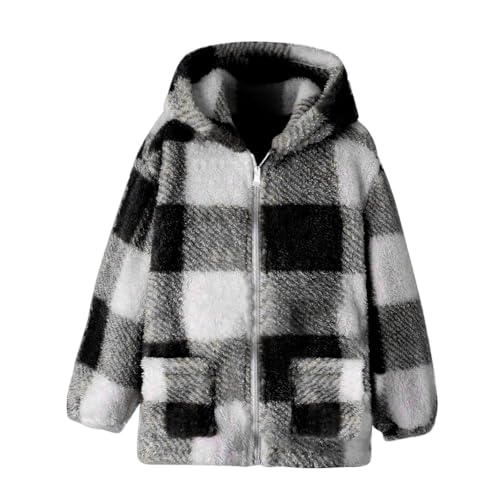 Image of NSQFKALL Boys Girls Fuzzy Plaid Jackets Long Sleeve Zip Up Plush Hooded Fall Winter Warm Outerwear Coats (Black, 7-8 Years)