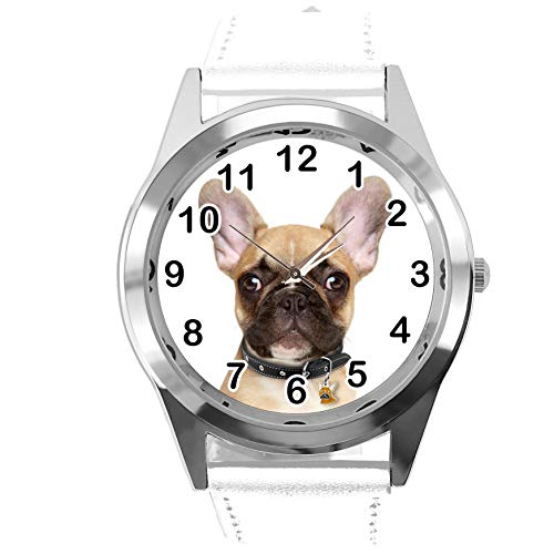 TAPORT® Orologio analogico al quarzo con cinturino in vera pelle bianco rotondo per fan del bulldog francese, bianco, Cinturino