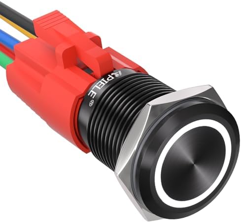 APIELE 16mm 12V DC On Off Shell Black Locking Button Switch with LED Angel Eye Head for 1.5cm Mounting Hole with Self-Locking Wire Socket Plug