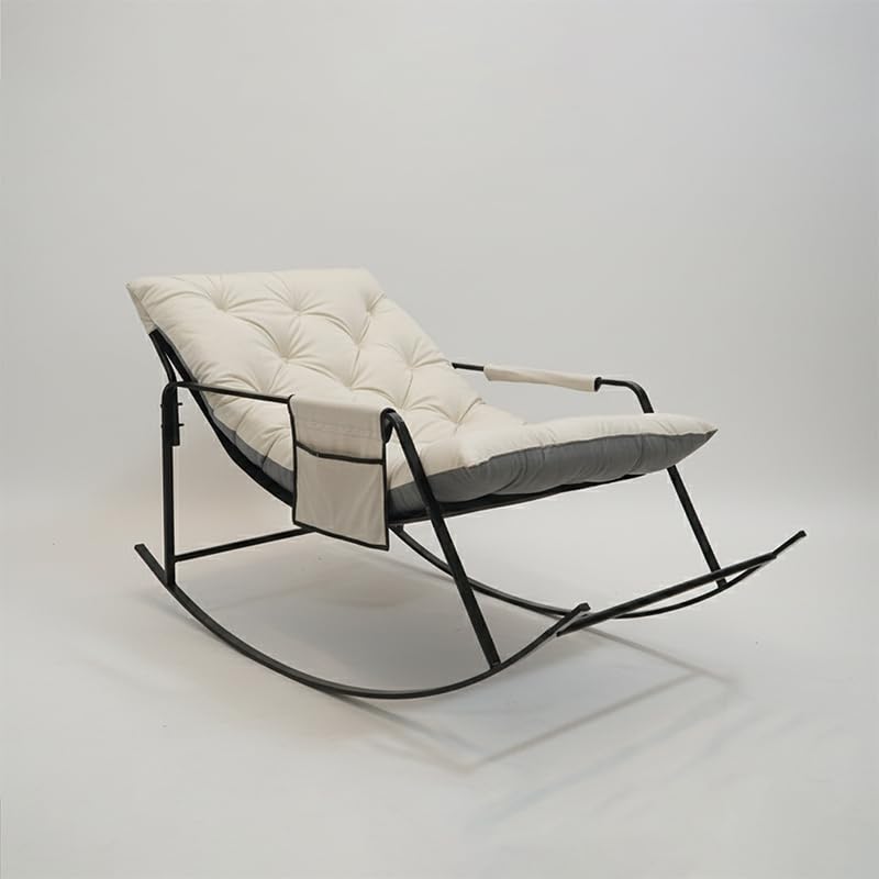 Image of Rocking Chair with High Backrest - Ergonomic Lounge Chair with Plush Cushion, Sturdy Black Metal Frame, Side Storage Pockets, Smooth Rocking Motion, Indoor & Outdoor Use, (Cream - Large)