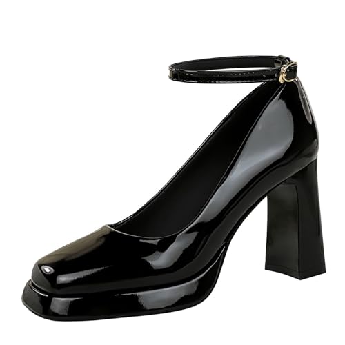 Women's Fashion Patent Leather Chunky High Heel Dress Pumps Comfort Closed Square Toe Adjust Ankle Strap Platform Mary Jane High Heels for Casual Work Wedding