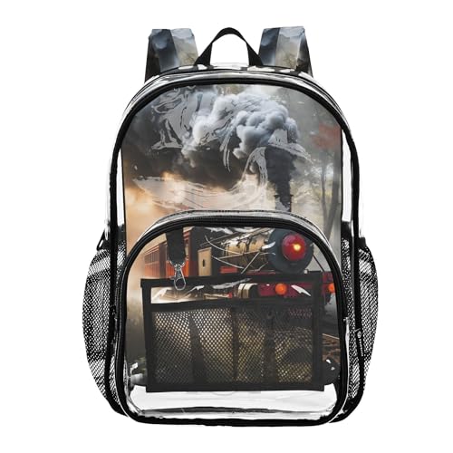 Old Steam Train Black Clear Backpack PVC Transparent Backpack Lightweight Book Bag Capacity Clear Bag for Kids Boys Girls