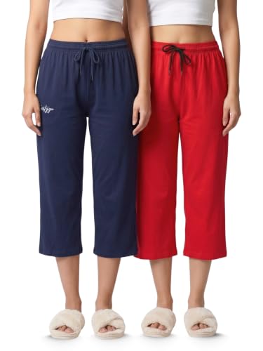 Image of Fflirtygo Women's Cotton Plain Calf Length Capri | Nightwear Short Pyjama | 3 /4th Solid Pyjama Pant | Regular Fit Casual & Lounge Wear Capri Combo (Pack of 2)