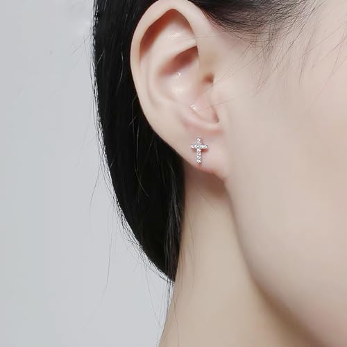14K White Gold Plated Small Cross Silver Stud Earrings, Hypoallergenic Pave CZ Tiny Cross Stud Earrings for women3