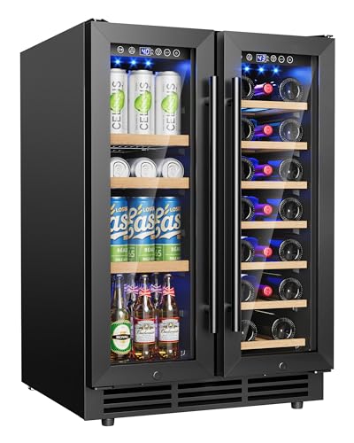 Image of 24 Inch Dual Zone Wine Fridge for 21 Bottles and 60 Cans, Under Counter Refrigerator with 42dB Quiet Operation & Blue LED Light, Beverage Refrigerator with Glass Door (Black)