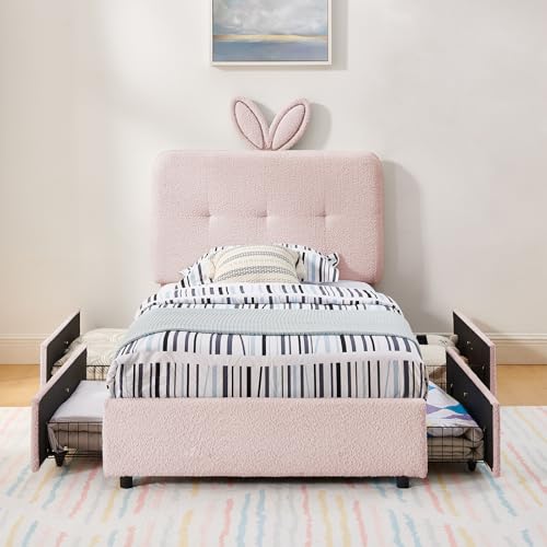 Image of Twin Led Bed Frame with 4 Storage Drawer, Upholstered Platform Floor Bed with Rabbit Ear Headboard Daybed Strong Wooden Slats No Box Spring Needed for Kids Girls Boys, Pink
