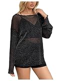 MakeMeChic Women's Mesh Sheer Bell Sleeve T Shirt Sparkly Lettuce Trim Y2k Tee Tops Black Medium