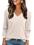 AUTOMET Womens V Neck Long Sleeve Shirt Fall Fashion Tops Tunic Dressy Casual Sweater Clothes Cute Trendy Work Outfits 2025 Apricot L