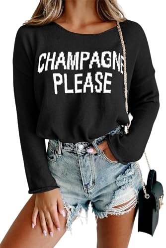 Image of Women Champagne Please Graphic Sweater Casual Slogan Round Neck Long Sleeve Loose Pullover Top