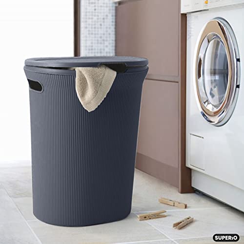 Image of Superio Ribbed Collection - Decorative Plastic Laundry Hamper with Lid and Cut-Out Handles, Grey (2 Pack) Basket Organzier for Bedroom Bathroom College Dorm Room 40 Liter
