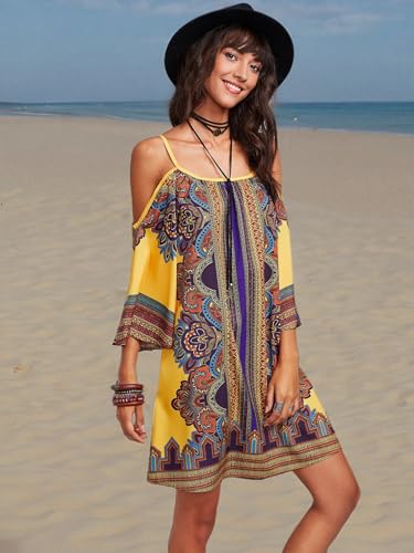 Milumia Women's Vintage Print Kimono Sleeve Geometric Tunic Boho Dress