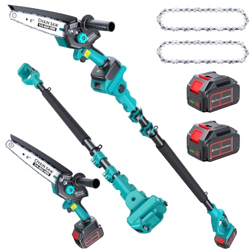 Electric Tree Saw for Pruning High Branches, 2x4000mAh Brushless Mini Chainsaw Cordless with Extension Pole, 2-in-1 Battery Powered Hand Held Chain Saw & Pole Pruner for Trimming Tree Limbs