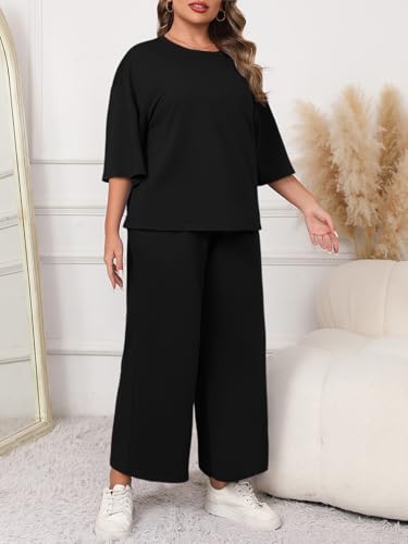 Beautife Womens Plus Size 2 Piece Outfits 3/4 Sleeve Tops and Wide Leg Pants Loungewear Pajamas Sets4