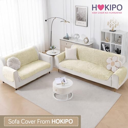 Image of HOKIPO Quilted Sofa Cover 3 Seater and 2 Seater Set - 5 Seater Sofa Cover (3+2) for Seat & Back | 'Quilt Classic' Beige (IN-927 * 2+926 * 2-Beige)