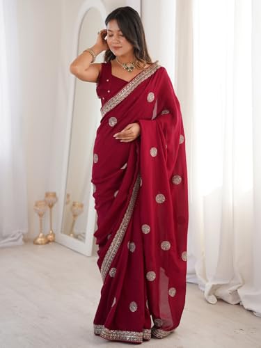 Image of AKHILAM Women's Maroon Vichitra Silk Embroidered Sequins Work Saree With Unstitched Blouse Piece (KRIYNS6101 KH)