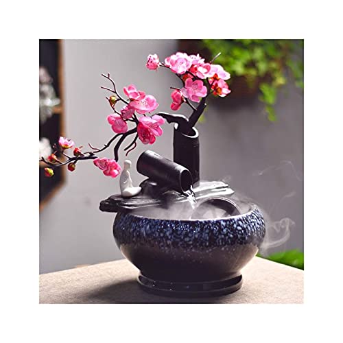 Fontaines d'intérieur, Fontaine intérieure en céramique Zen Lucky Feng Shui Wheel fontaines de Table avec Fleur de Prunier, Fontaine d'eau Qui coule pour la Maison (Taille: C)