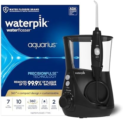 Image of Waterpik Aquarius Water Flosser for Teeth Cleaning, Gums, Braces, Dental Care, Electric Power with 10 Settings, 7 Tips for Multiple Users and Needs, ADA Accepted, Black WP-662, Packaging (Pack of 6)