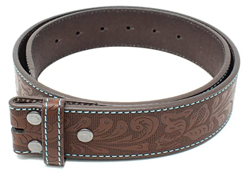 BC Belts Leather Belt Strap with Teal Stitching and Embossed Western Scrollwork 1.5" Wide with Snaps3