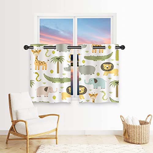 YUANZU Animal Curtains W27.5 x L39 Inch Grommet Thermal Insulated Blackout Window Drapes Safari Hippo Crocodile Lion Elephant Giraffe Woodland Zoo Pattern for Kids Boys Girls Nursery Bedroom 2 Panels