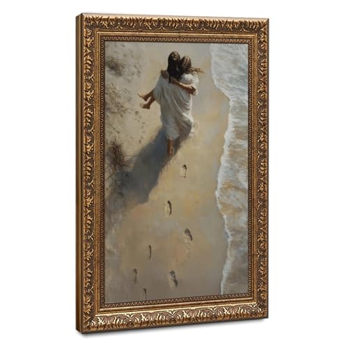 Jesus Carrying Woman Shoreline Footprints Classic Religious Painting Vintage Gold