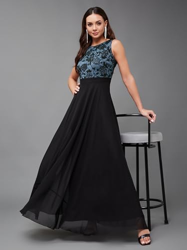 Image of Miss Chase Women's Round Neck Sleeveless Floral Lace Fit & Flare Maxi Dress