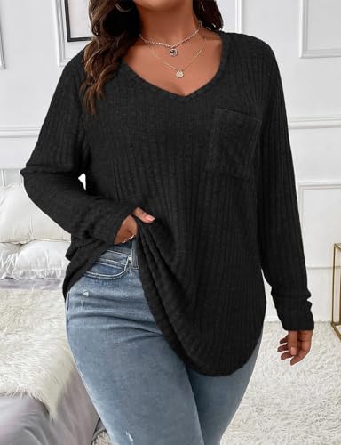 Image of Koscacy Women Plus Size Casual Knit Sweater with Pocket V Neck Solid Color Tops Lightweight Long Sleeve Blouses
