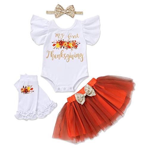 My First Thanksgiving Baby Girls Outfits Floral Ruffle Sleeve Romper+Tutu Dress+Golden Headband+Leg Warmers 4Pcs Skirt Set (Orange, 0-3 Months)