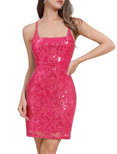 OBEEII Sequins Mini Dress for Women, Spaghetti Straps Floral Glitter Party Bodycon Mini Dress Sexy Sparkly Backless Lace-up Birthday NYE Dress Clubwear Teen Homecoming Dress Hot Pink XS
