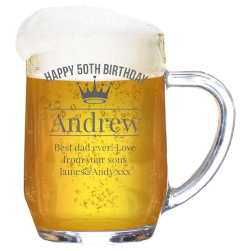 Personalised Tankard Glass Stein for Men Engraved/1 Pint Beer/Birthday/Tanker/Men/Handle/Crown/Gift Box/590 ml