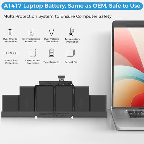 Image of A1398 Battery,A1417 Replacement Battery for MacBook Pro 15 inch Retina Model A1398(Mid 2012 Early 2013 Only) (Upgraded High Performance 10.95V 95Wh 8460mAh)