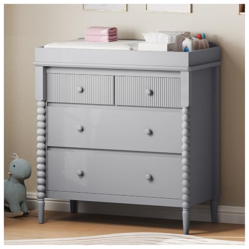 JOINICE Grey Nursery Dresser with Changing Table, 4 Drawers for Storage