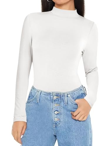 ANRABESS Womens Long Sleeve Mock Neck Tops Slim Fitted Basic Layer Office Work Shirts 2025 Fall Outfits Y2K Clothes White Medium