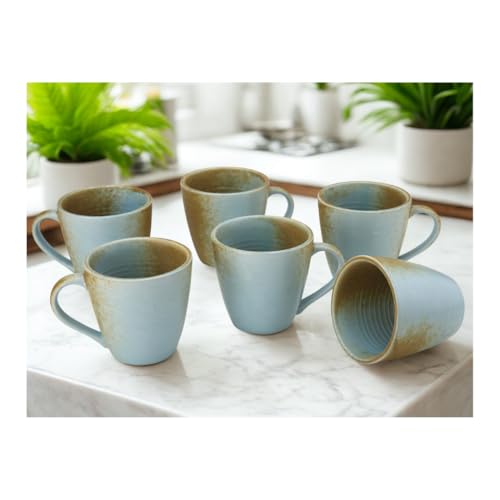Image of Bodhi House Handmade Reactive Glaze Ceramic Coffee Mug Set of 6 Pieces (350 Ml), Stoneware Tea Cup, Microwave Safe Large Milk Mug, Ideal for Daily use, Casual Gatherings and Gifting, Turquoise-Copper