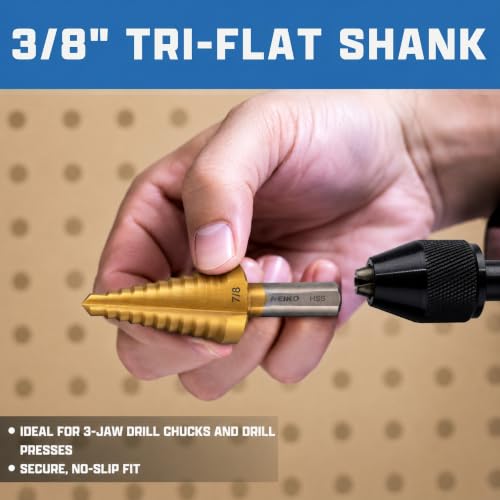 Image of NEIKO 10618A Step Drill Bit, 1 Step 7 /8 inch Straight High Speed Steel, Titanium Nitride Coated, 3 /8 inch Tri-Flat Step Bits for Steel, Metal, Wood, Plastic, Unibit Cone Drill Bits, Two Flute