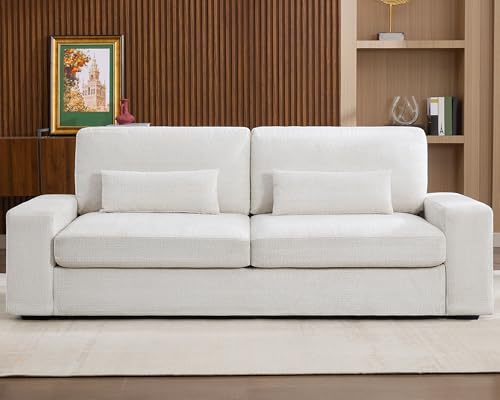 LUXOAK 220 cm Sofa, 59 cm Tiefe Sitzfläche, 3-Sitzer Couch mit Breiten Armlehnen, einfach zu montierendes Sofa für Wohnzimmer, Schlafzimmer oder Spielzimmer, Beige Chenille – Bild 4