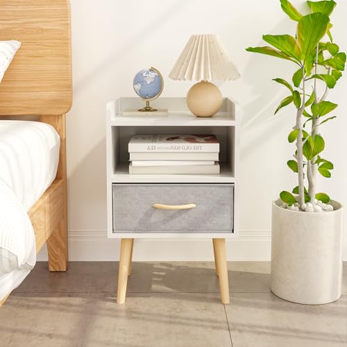 Image of extrasleep White Wooden Nightstand with Fabric Drawer, 2-Tier Modern Storage End Table, 25 inch H Wood Bedside Table with Storage, Small Night Stand for Kids Room Nursery Playroom Bedroom