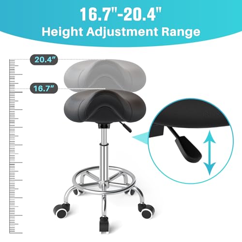 Image of YEEZEE Saddle Stool Ergonomic- Comfortable Rolling Saddle Stool with Wide Thick Saddle Seat Padding, Swivel Adjustable Saddle Chair with Wheels and Ring Pedal for Medical Massage Salon (Dark Black)