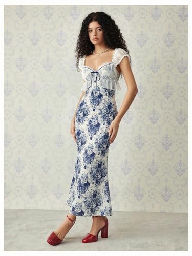 Image of GORGLITTER Women's Lace Floral Tea Party Vintage Maxi Dress Summer Graduation Cocktail Wedding Guest Fishtail Sundress