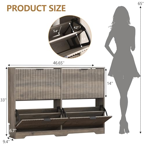 Image of HUANLEGO Shoe Cabinet Storage for Entryway with 4 Flip Drawers, Grey Fluted Shoe Cabinet with Adjustable Shelves, Wooden Hidden Shoes Rack Freestanding Narrow Slim Shoes Storage for Hallway, Entrance
