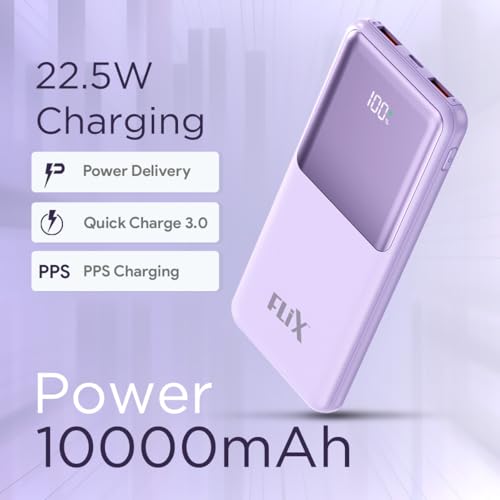Image of FLiX UltraCharge P115 10000mAh 22.5W QC Power Delivery PPS Power Bank, Tripple Output, Dual Input Type C & B, Percentage LED Indicator, Compatible iPhone, Samsung, Google (XPB-P115)(Purple)