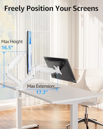 Image of MOUNTUP Dual Monitor Stand for Desk, Gas Spring Monitor Arms for 2 Monitors Max 32 Inches, Height Adjustable Double Monitor Mount, VESA Mount with C-Clamp & Grommet Base, Holds 4.4-17.6lbs, White