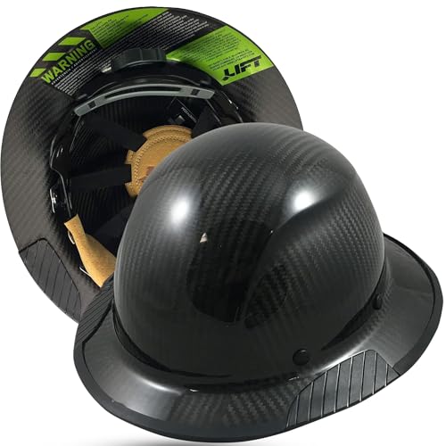 Lift Safety Carbon Fiber Full Brim Glossy Black Hard Hat Lightweight with 6 Point Ratchet Suspension Padded Harness Lift Safety Hard Hat Protective Edging & Tote ANSI Z89.1 Class C Type 1