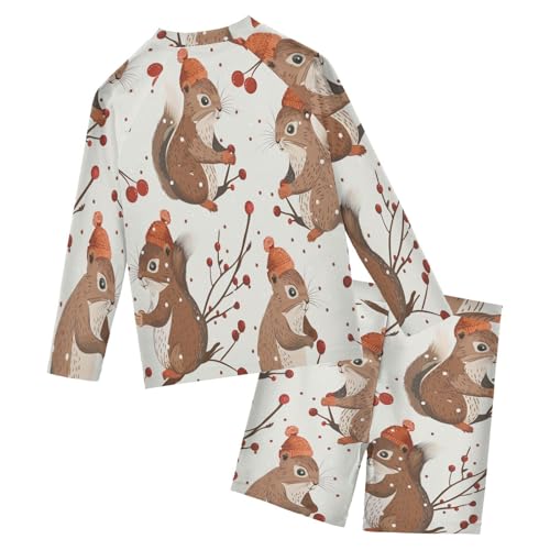 Lovely Squirrel with Hat Boys Swimsuit Rash Guard Toddler Kids Long Sleeve Swim Shirt and Trunks Swimwear Set 3-10Y2
