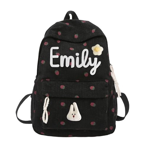 Pekdi Personalized Corduroy Backpack Embroidered Name Strawberry Backpack Monogram Book Bag with Cotton Rope Woven Lightweight Daypack Casual Travel Bag for Sports Dance Gym