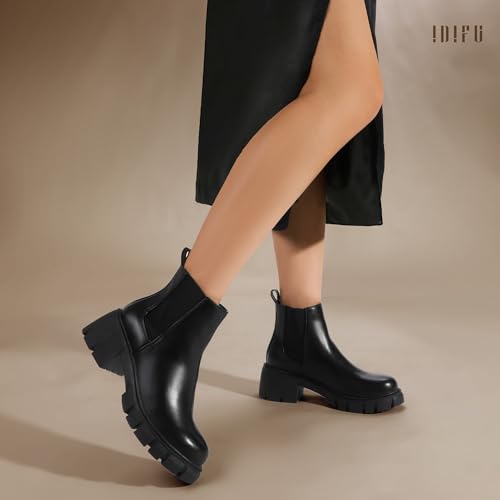 IDIFU IN2 Chelsea Ankle Boots for Women Low Block Chunky Women's Boots Round Toe Short Heeled Ankle Booties Fashion Cute Comfort Trendy Dress Booties Fall Lady Slip On Lug Sole Boots3