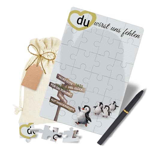 Abschiedskarte Kollegen A6 - Karte Abschied Kollegin - Pinguin Wegweiser Motiv - Abschiedsgeschenk Kollegen Jobwechsel Rente - Karte zum Abschied Kollege mit Baumwollsäckchen Stift Geschenkanhänger