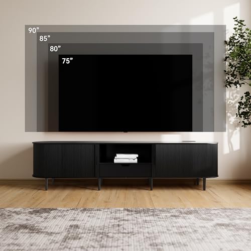 Image of DHH 86.6 inch Fluted TV Stand with Power Outlet for TVs up to 90 inch, TV Console with Adjustable Shelves and Sliding Door,Mid Century Modern Entertainment Center for Living Room,Bedroom (Black)