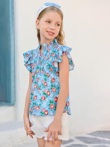 Haloumoning Girls Ruffle Short Sleeve Floral Chiffon Blouses Kids Summer Shirts Tops 5-14 Years3