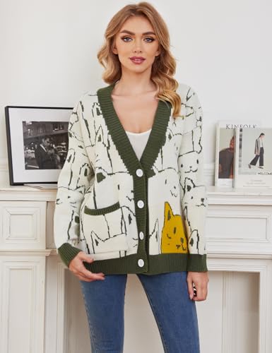 Image of Gihuo Women Cat Sweater Oversized Cute Kawaii Cardigan Knit Graphic V Neck Loose Fit Long Sleeve Cardigan Coat